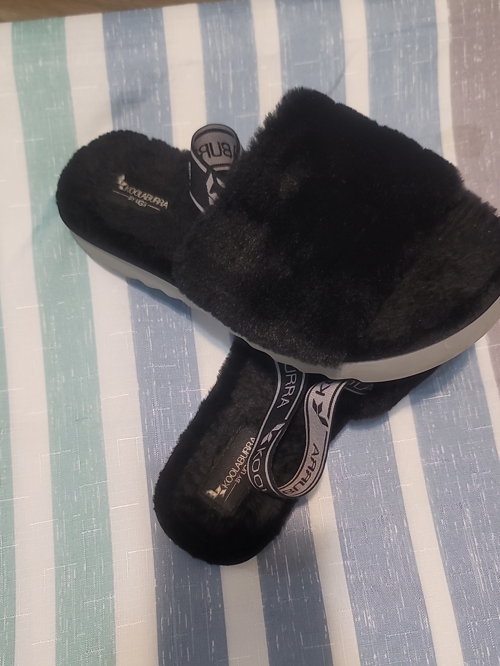 Koolaburra Black Faux-Fur Slide Slippers with Branded Strap